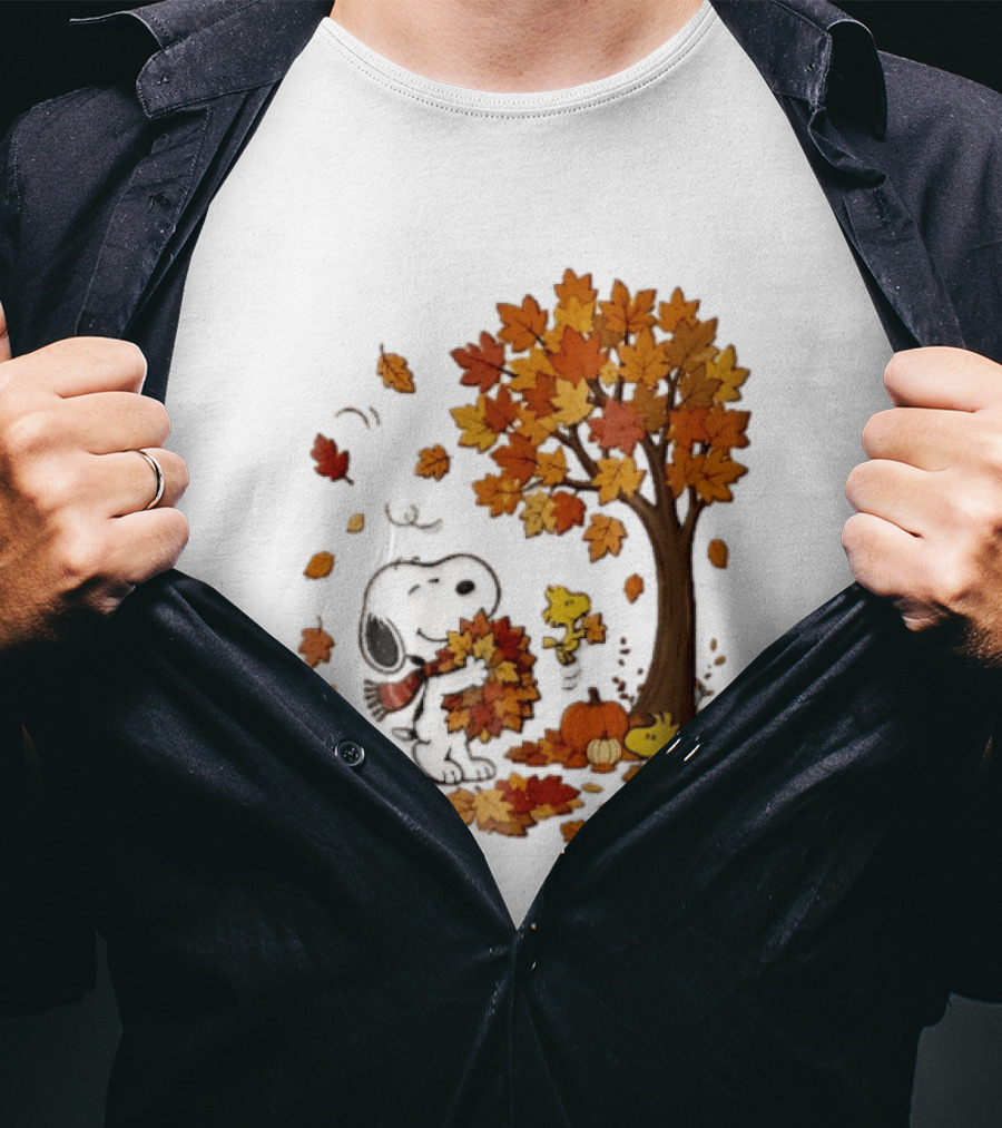 Snoopy Woodstock Autumn Leaves Pumpkin Fall Season Vibes T-Shirt