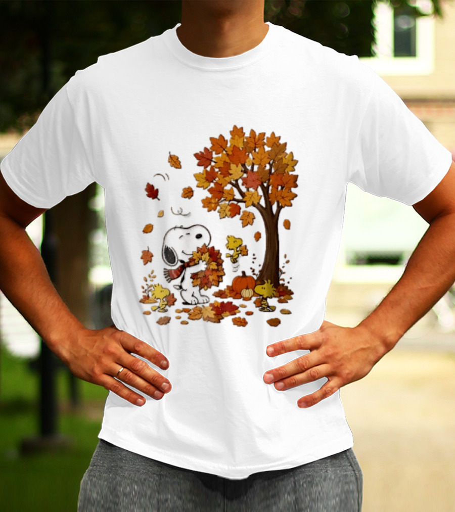 Snoopy Woodstock Autumn Leaves Pumpkin Fall Season Vibes T-Shirt