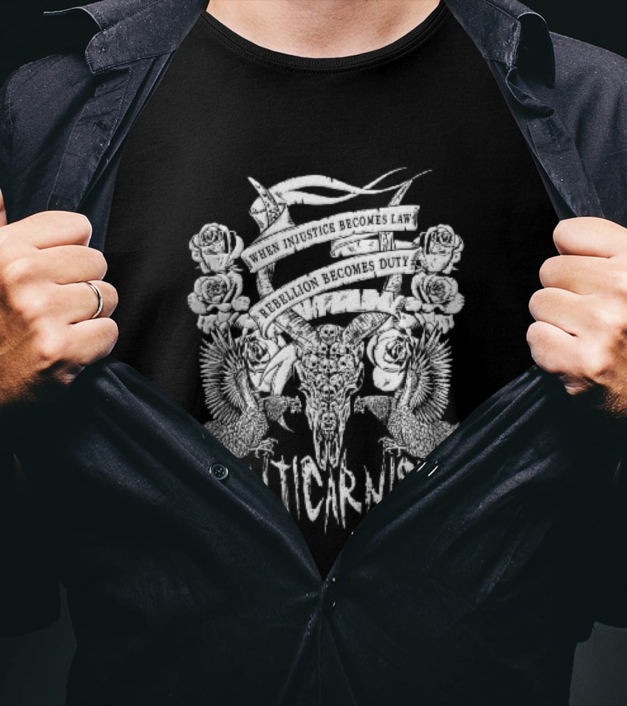 Anticarnist Horned Skull Injustice Rebellion Duty Human Skulls Chickens T-Shirt
