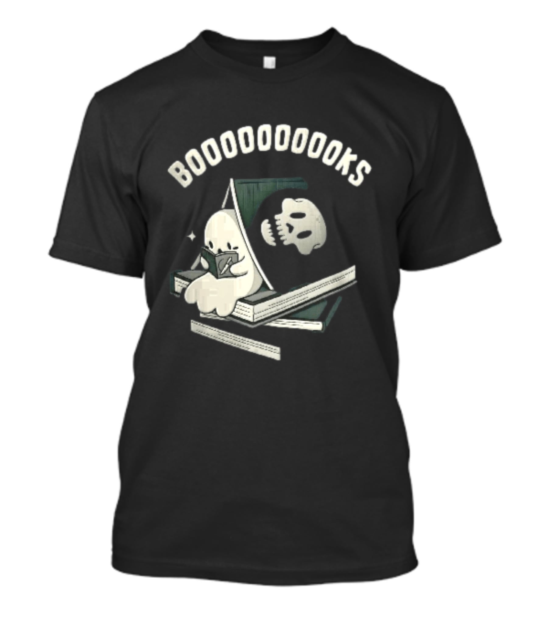 Boooooooooks Cartoon Ghost Reading Novel With Skeleton Specter T-Shirt