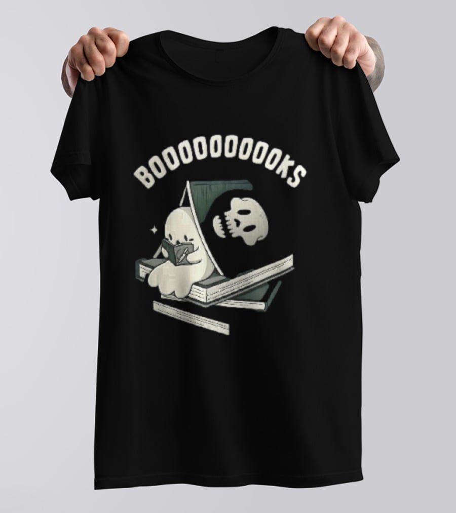 Boooooooooks Cartoon Ghost Reading Novel With Skeleton Specter T-Shirt