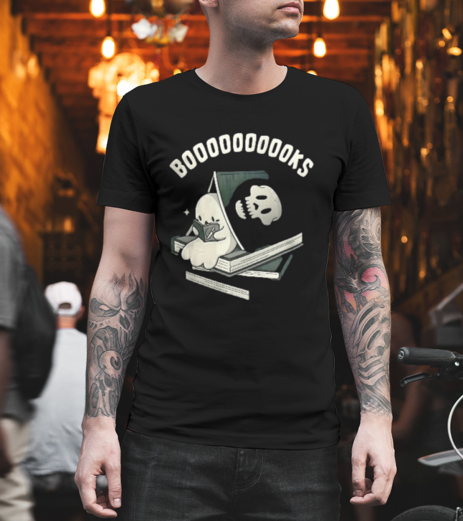 Boooooooooks Cartoon Ghost Reading Novel With Skeleton Specter T-Shirt
