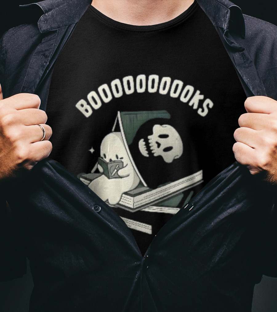 Boooooooooks Cartoon Ghost Reading Novel With Skeleton Specter T-Shirt