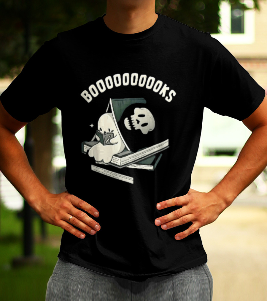 Boooooooooks Cartoon Ghost Reading Novel With Skeleton Specter T-Shirt