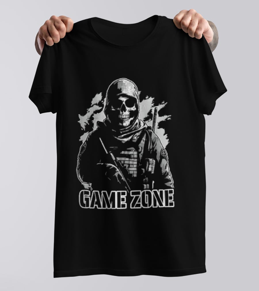 Game Zone Monochrome Skull Soldier Tactical Rifle Hooded T-Shirt