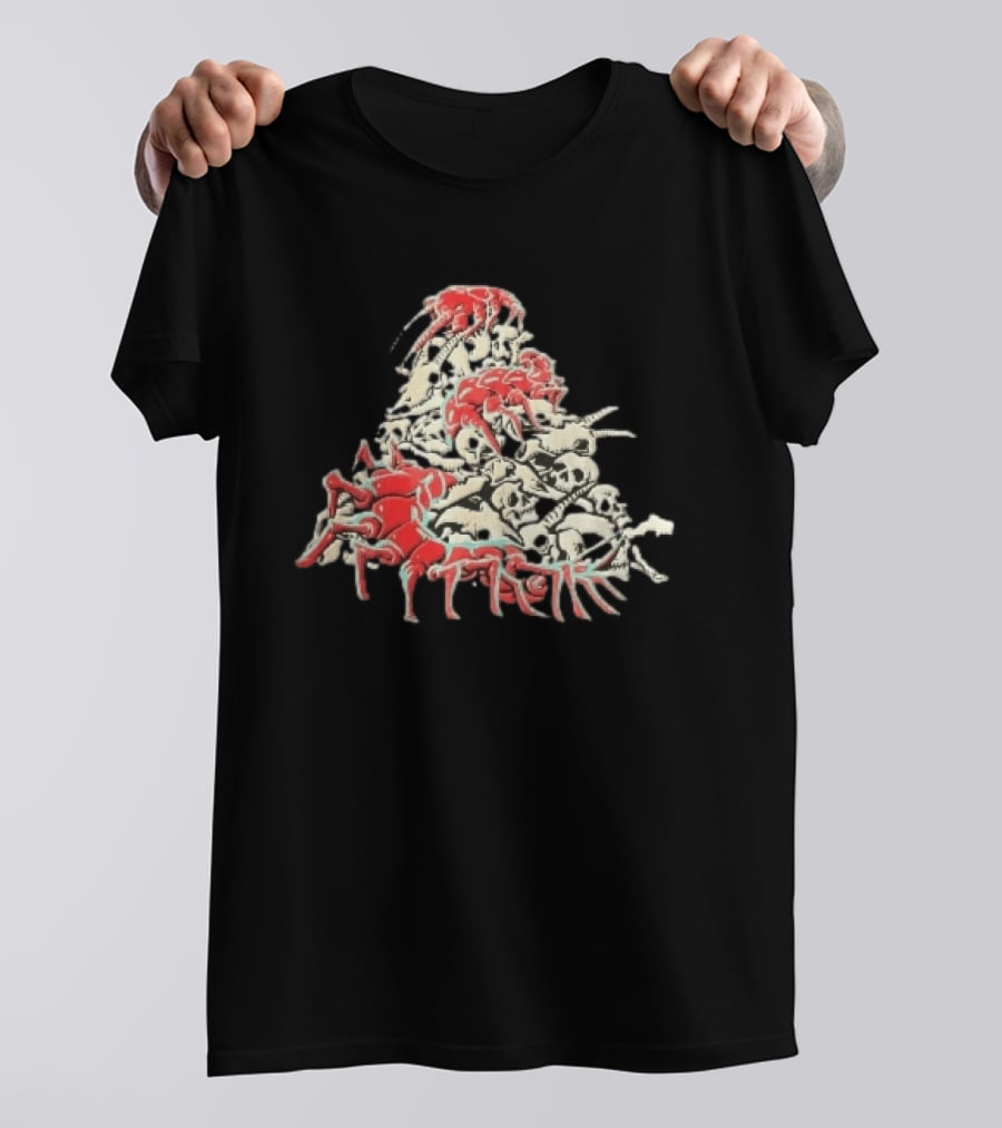 Giant Red Centipede Cyan Crawling Pile Of Skulls T-Shirt