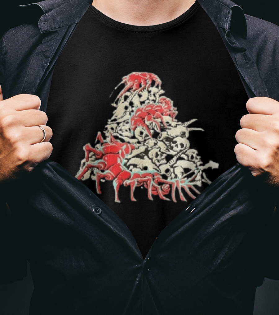 Giant Red Centipede Cyan Crawling Pile Of Skulls T-Shirt