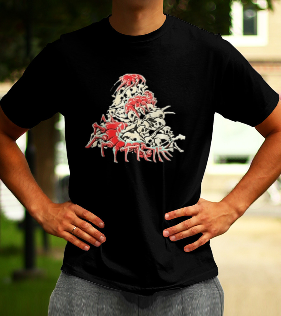 Giant Red Centipede Cyan Crawling Pile Of Skulls T-Shirt