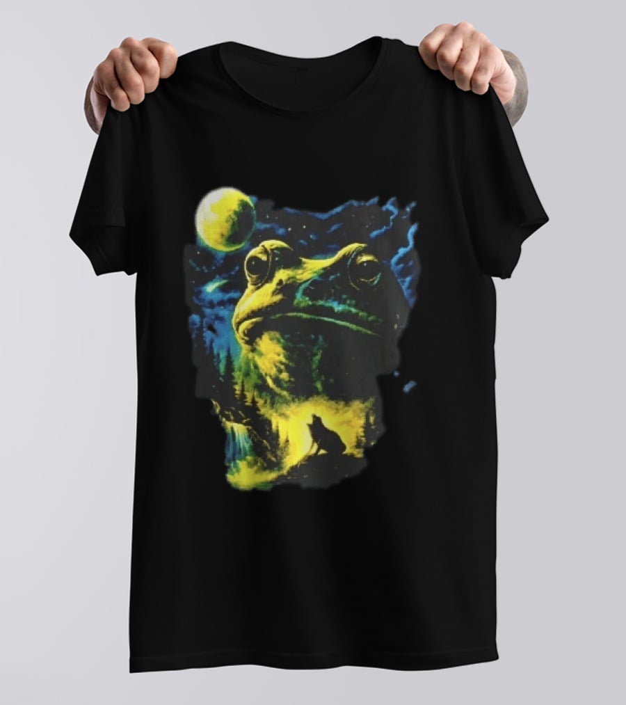 Giant Toad Glowing Moon Howling Waterfall Forest Mystic Scene T-Shirt