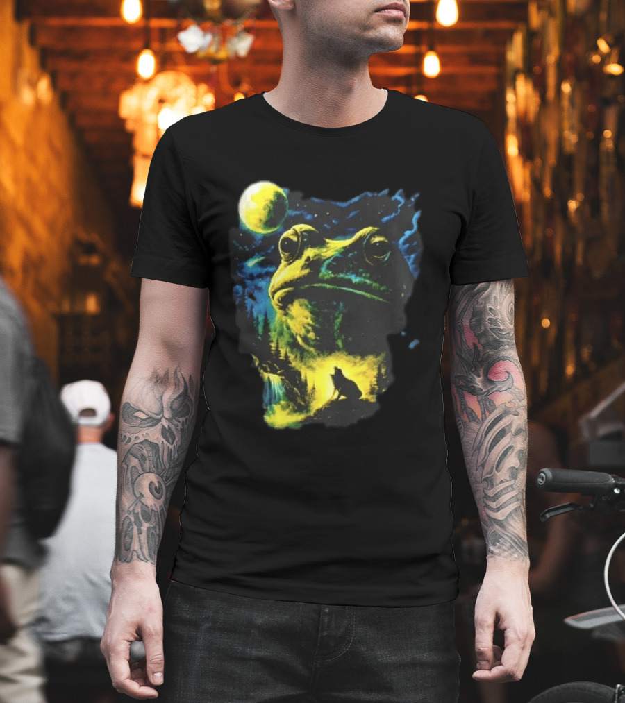 Giant Toad Glowing Moon Howling Waterfall Forest Mystic Scene T-Shirt