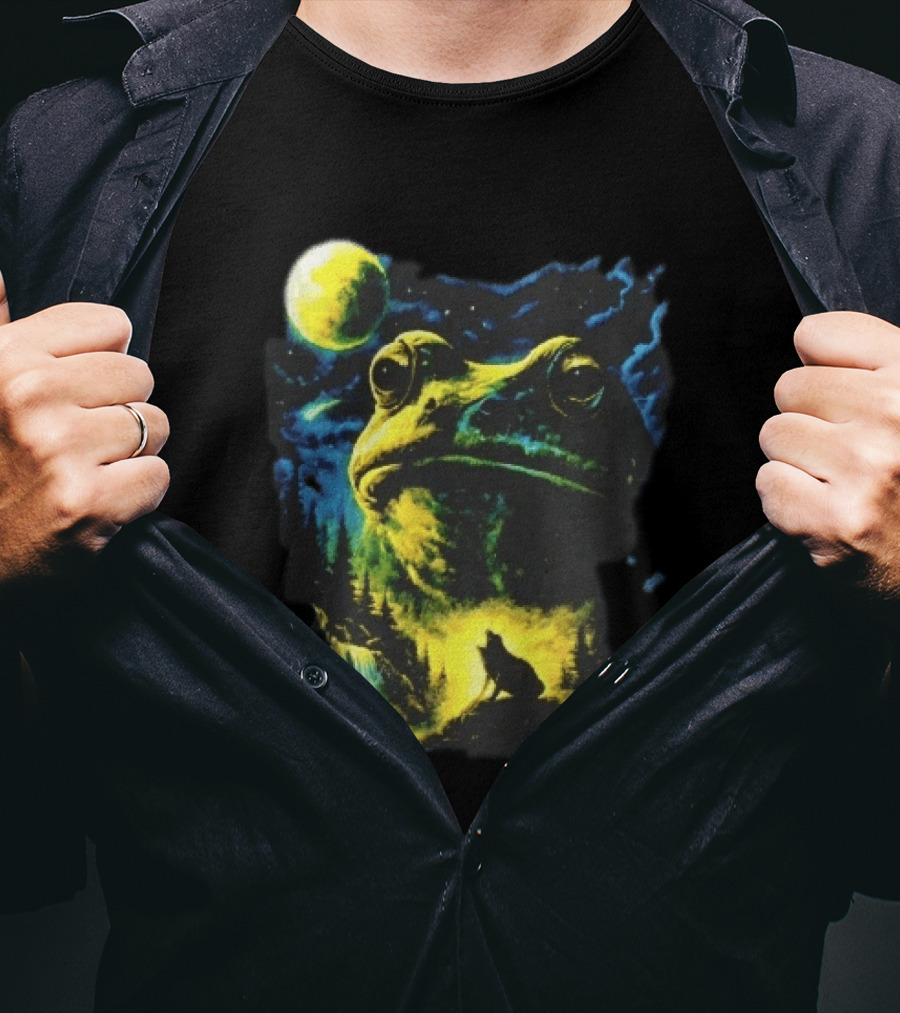 Giant Toad Glowing Moon Howling Waterfall Forest Mystic Scene T-Shirt