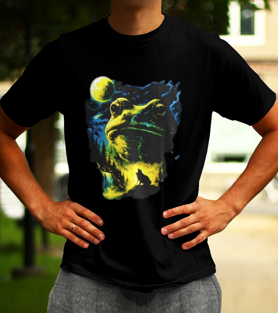 Giant Toad Glowing Moon Howling Waterfall Forest Mystic Scene T-Shirt
