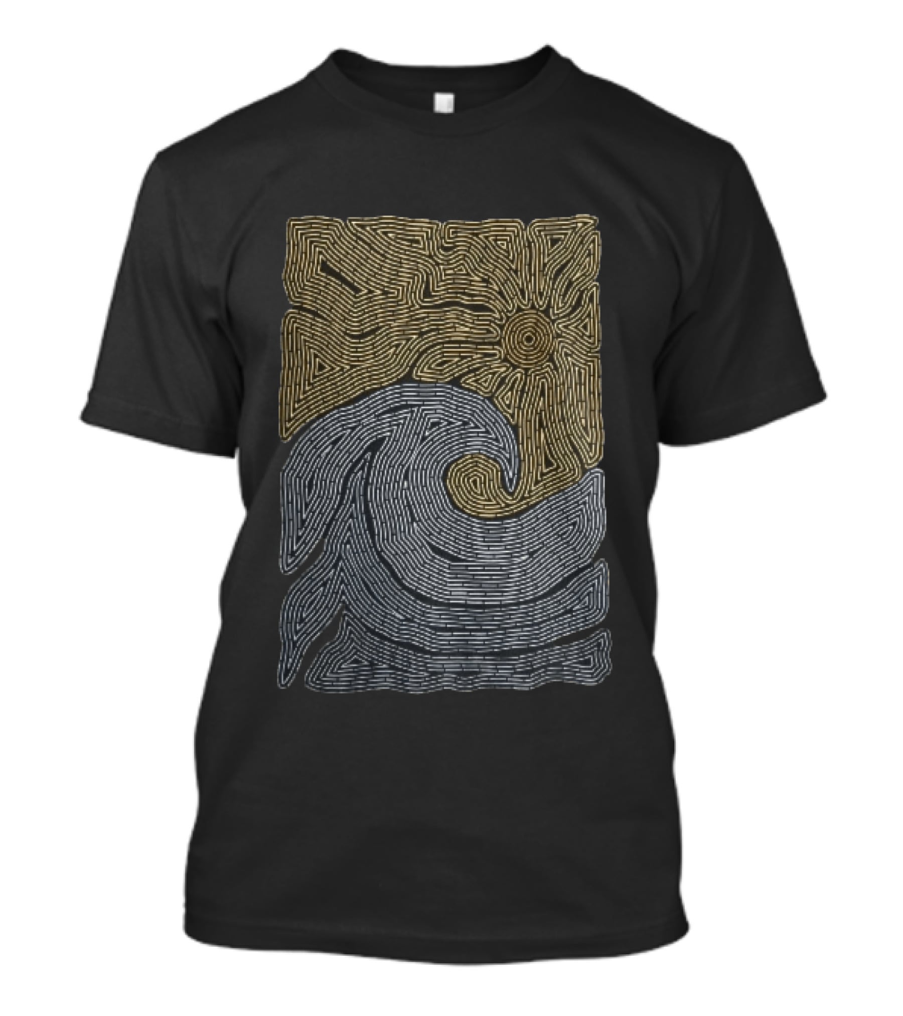 Golden Sun Over Crashing Blue Ocean Wave Line Maze T-Shirt