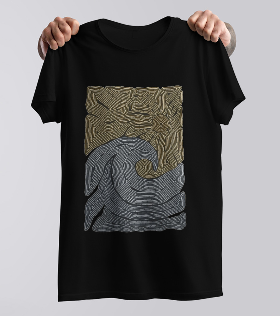 Golden Sun Over Crashing Blue Ocean Wave Line Maze T-Shirt