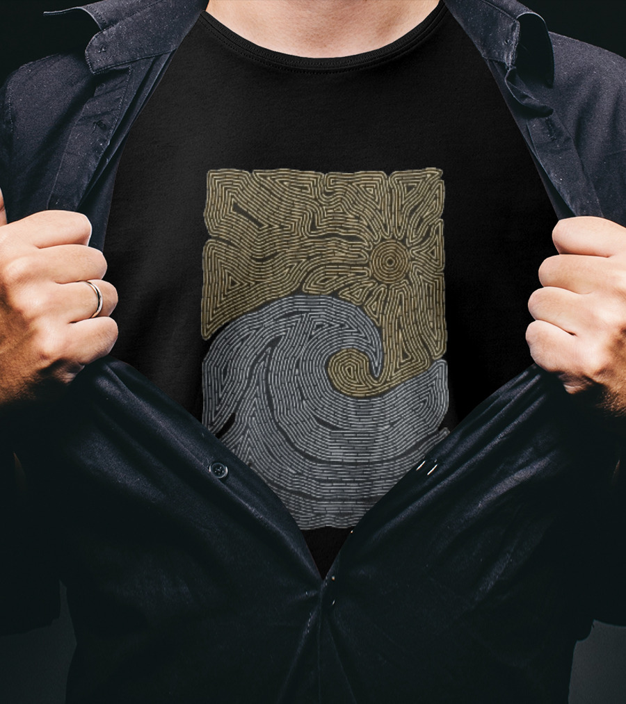 Golden Sun Over Crashing Blue Ocean Wave Line Maze T-Shirt