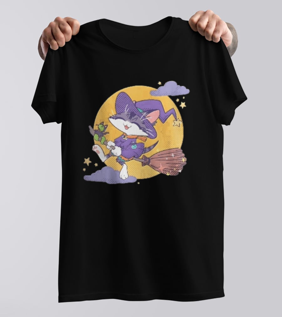 Halftone Cartoon Cat Witch Flying On Broomstick With Moon And Stars T-Shirt