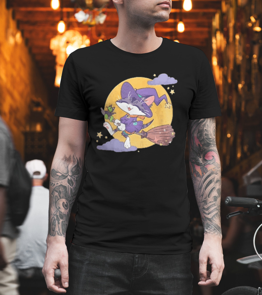 Halftone Cartoon Cat Witch Flying On Broomstick With Moon And Stars T-Shirt