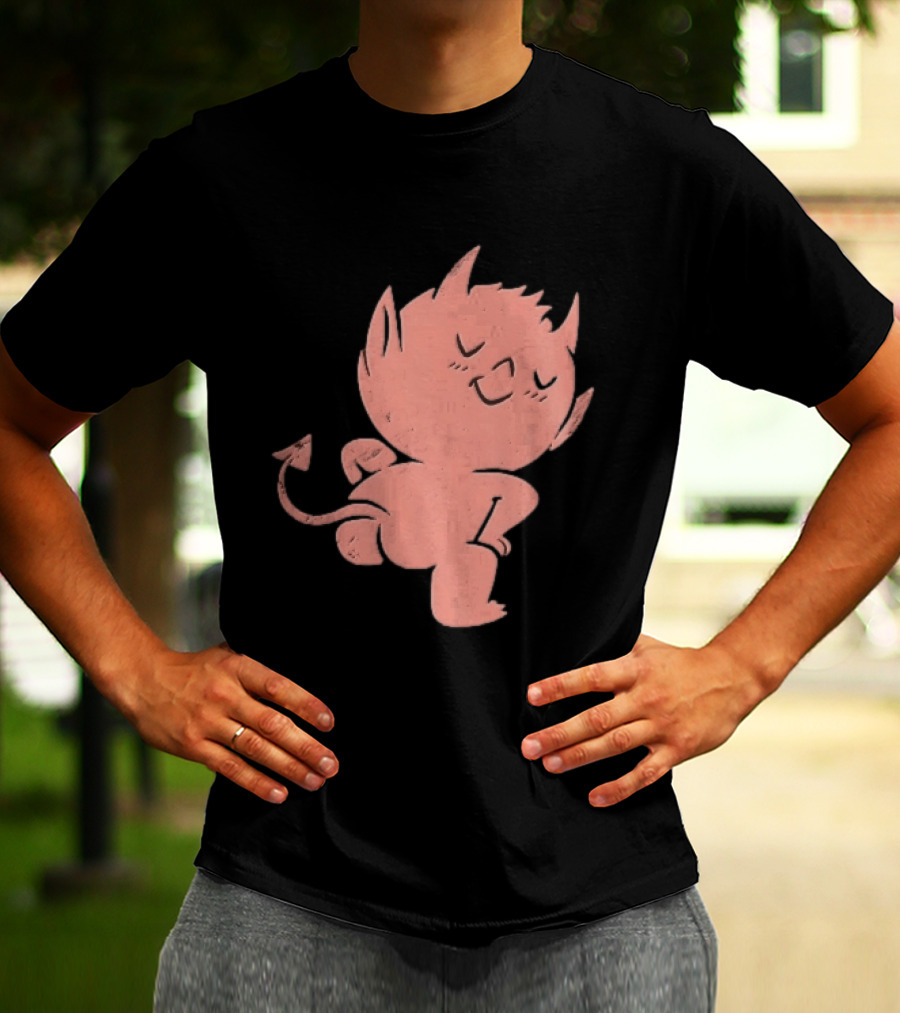 Mischievous Little Red Devil Cartoon Mooning With Distressed Texture T-Shirt
