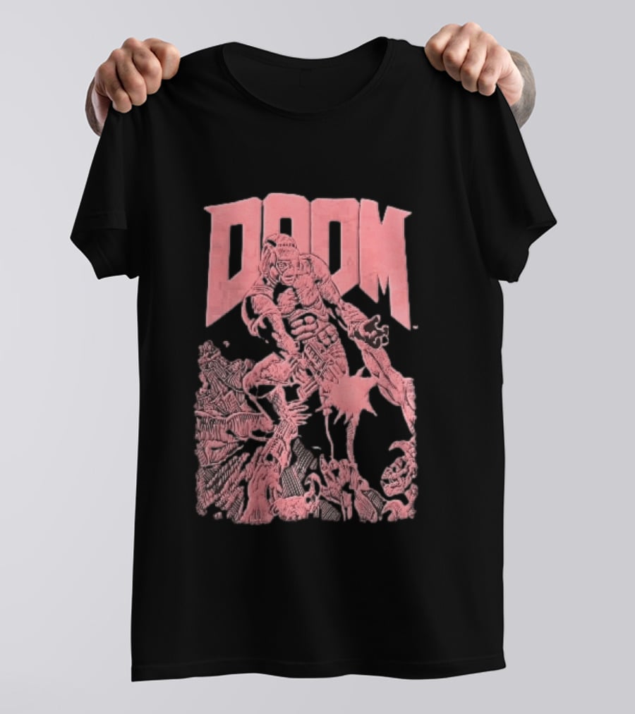 Doom Space Marine Battling Hell Demons Pink Sketch T-Shirt