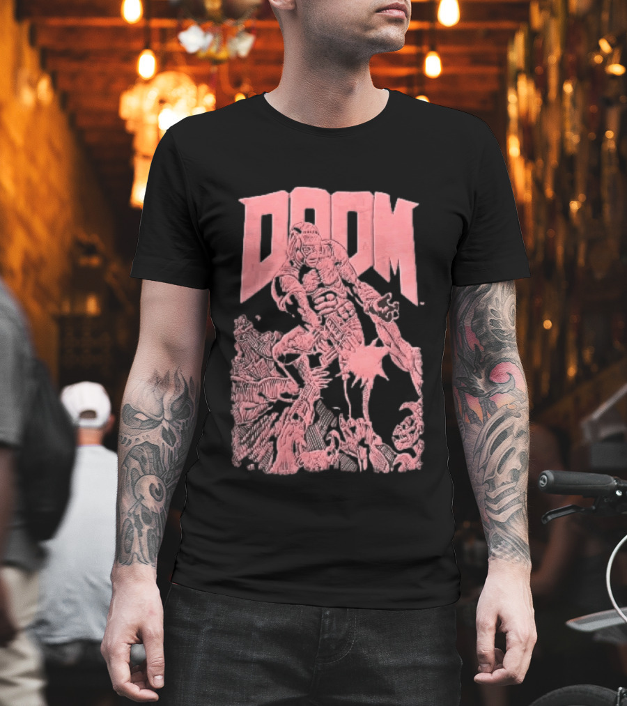 Doom Space Marine Battling Hell Demons Pink Sketch T-Shirt
