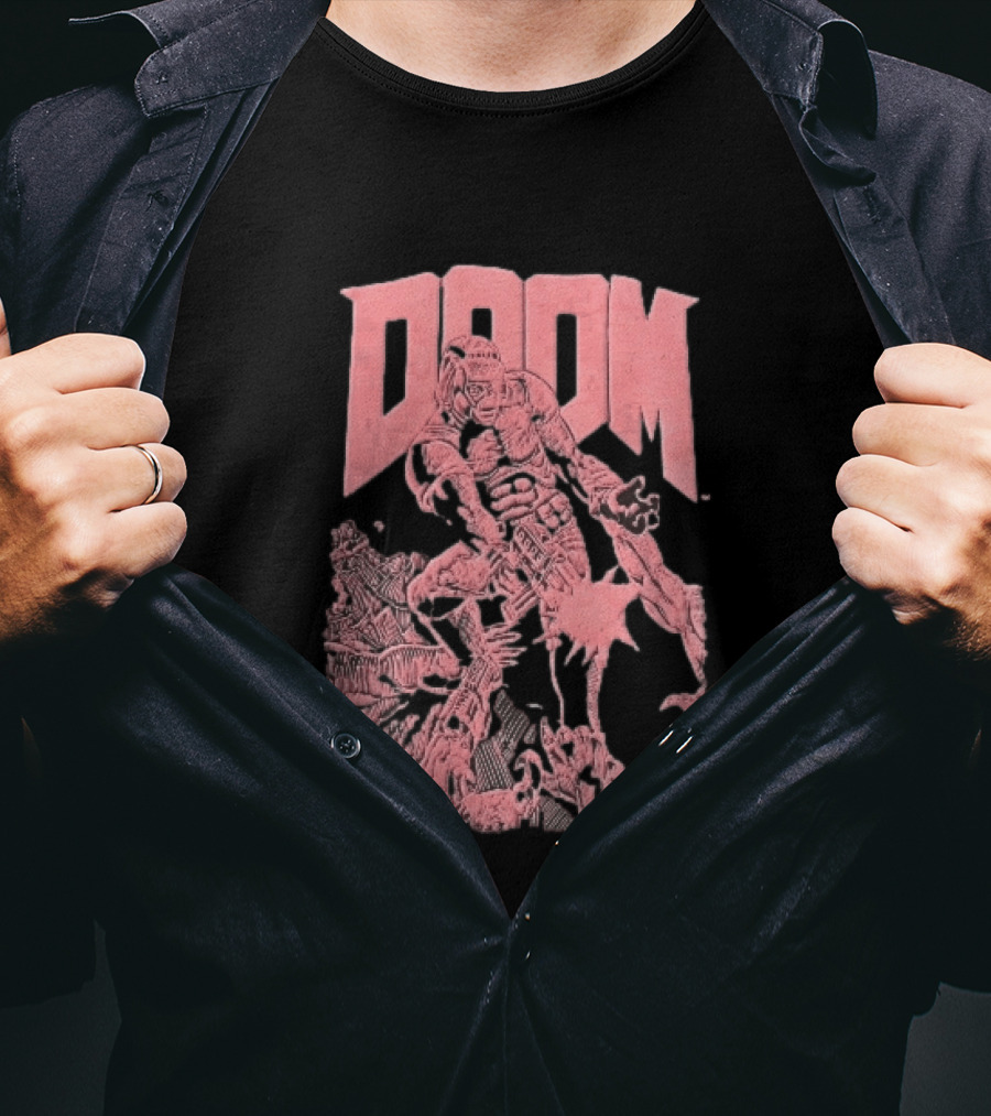 Doom Space Marine Battling Hell Demons Pink Sketch T-Shirt