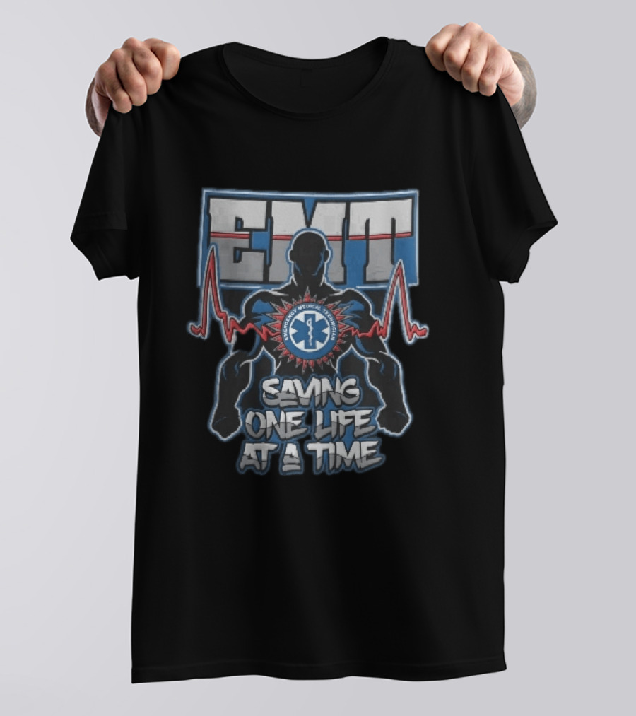 EMT Emergency Medical Technician Saving One Life At A Time With Muscular Silhouette And EKG Pulse T-Shirt