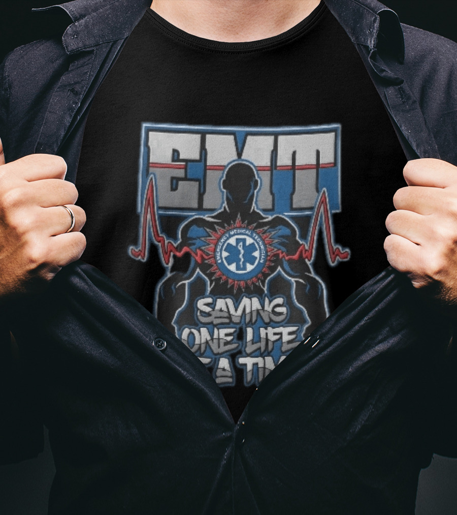 EMT Emergency Medical Technician Saving One Life At A Time With Muscular Silhouette And EKG Pulse T-Shirt
