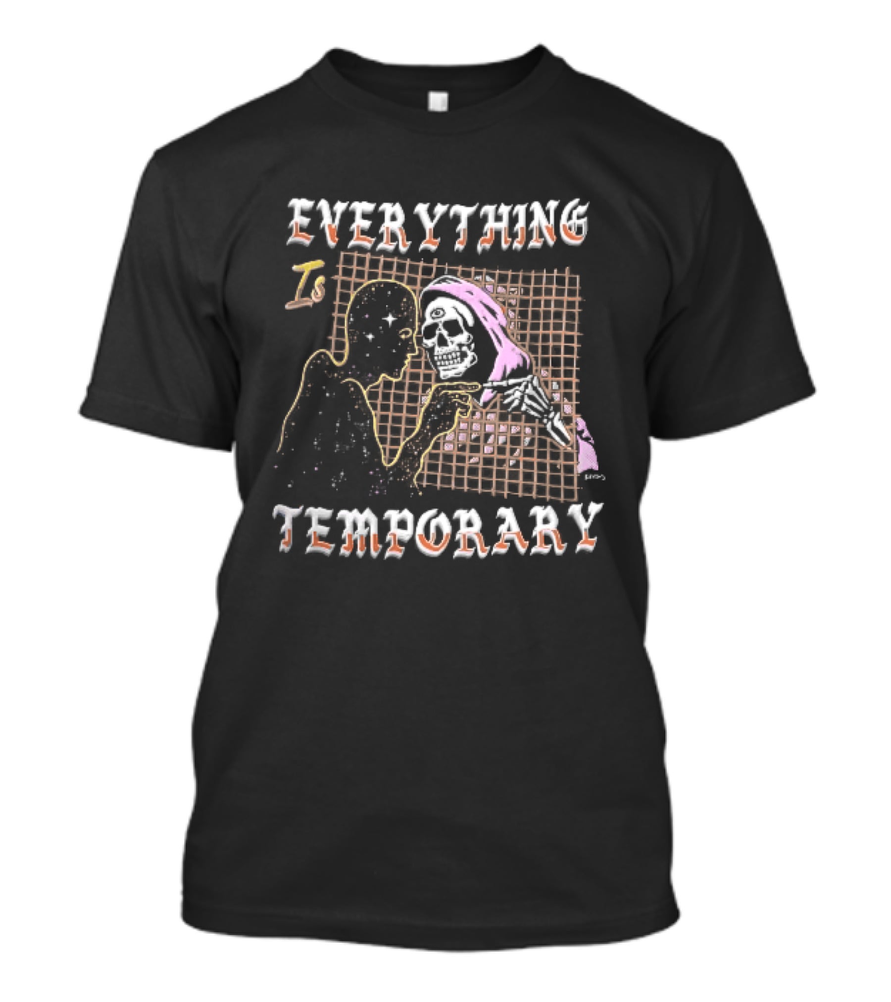 Everything Is Temporary Cosmic Skeleton Touching Fingers Grid T-Shirt