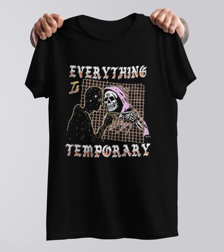 Everything Is Temporary Cosmic Skeleton Touching Fingers Grid T-Shirt