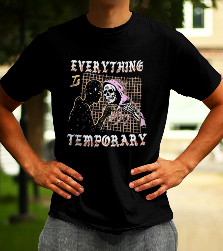 Everything Is Temporary Cosmic Skeleton Touching Fingers Grid T-Shirt