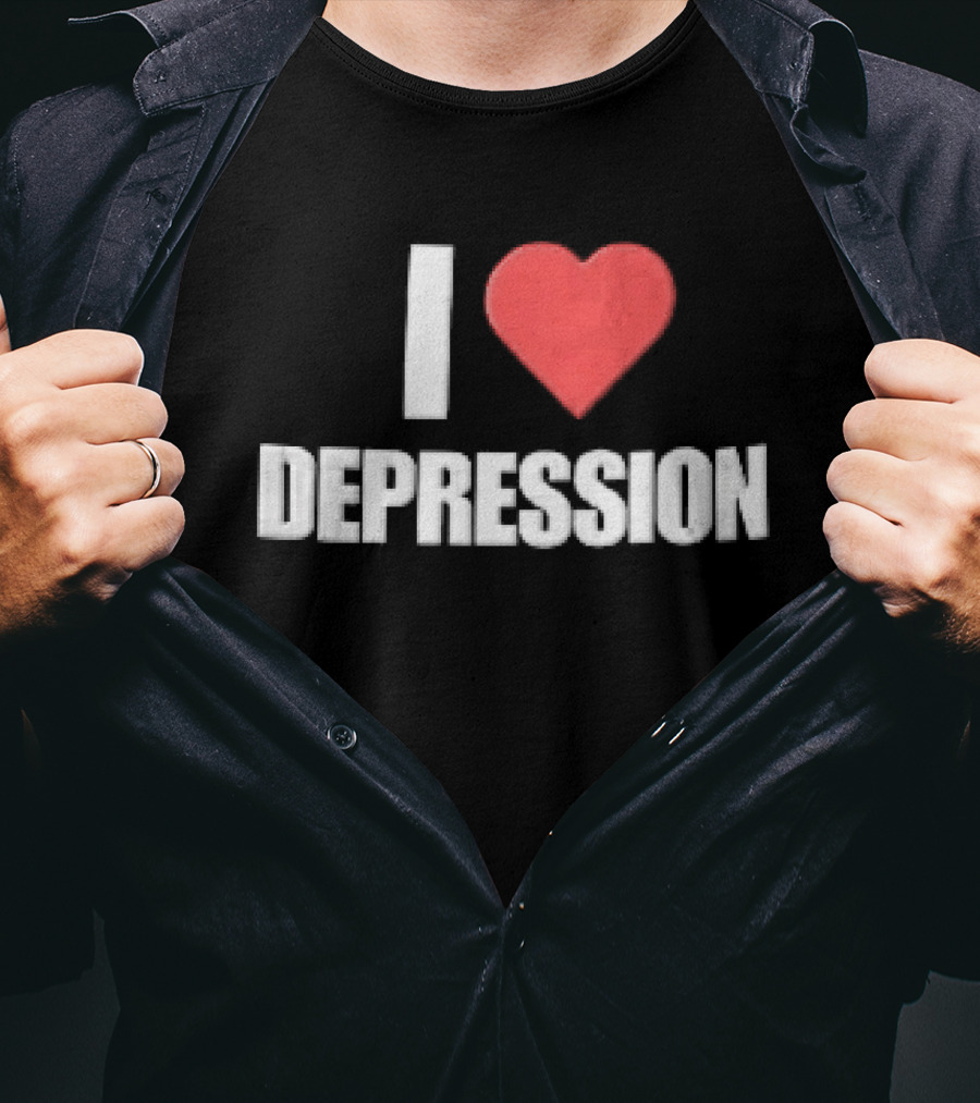 I Heart Depression White Text Red Heart Shape T-Shirt