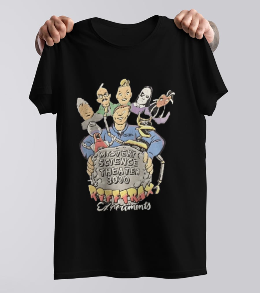 Mystery Science Theater 3000 Rifftrax Experiments Nelson Cartoon Caricature Host Robots Moon Rock T-Shirt