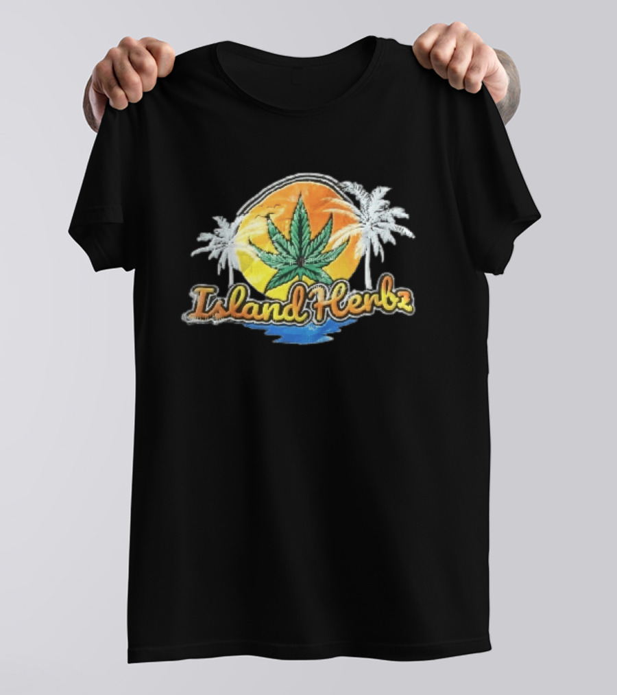 Island Herbz Cannabis Leaf Orange Sunset White Palm Trees T-Shirt