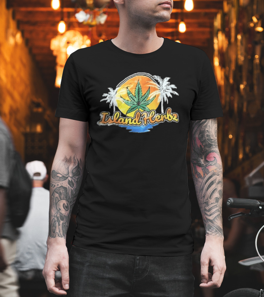 Island Herbz Cannabis Leaf Orange Sunset White Palm Trees T-Shirt