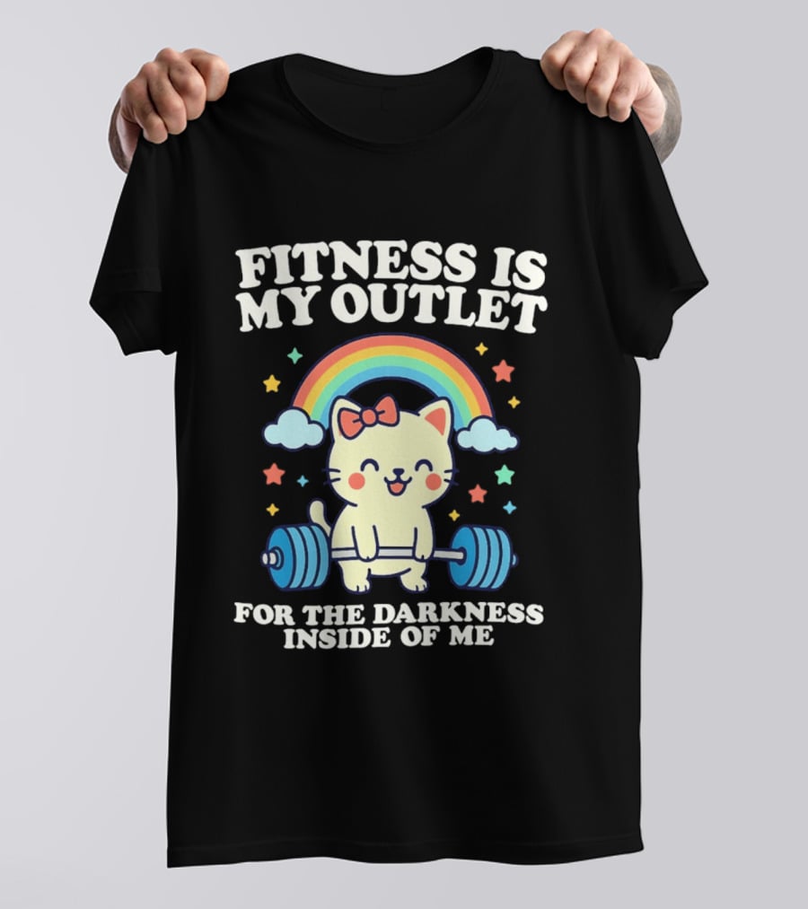 Fitness Is My Outlet For The Darkness Inside Of Me Cute Cat Weightlifting Rainbow T-Shirt