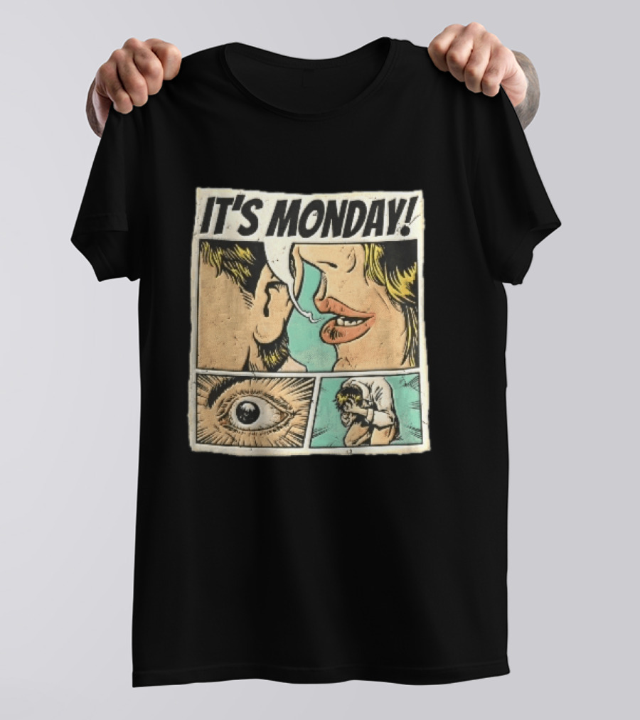 Its Monday Comic Strip Pop Art Woman Whispering Man Crying Vintage Halftone T-Shirt