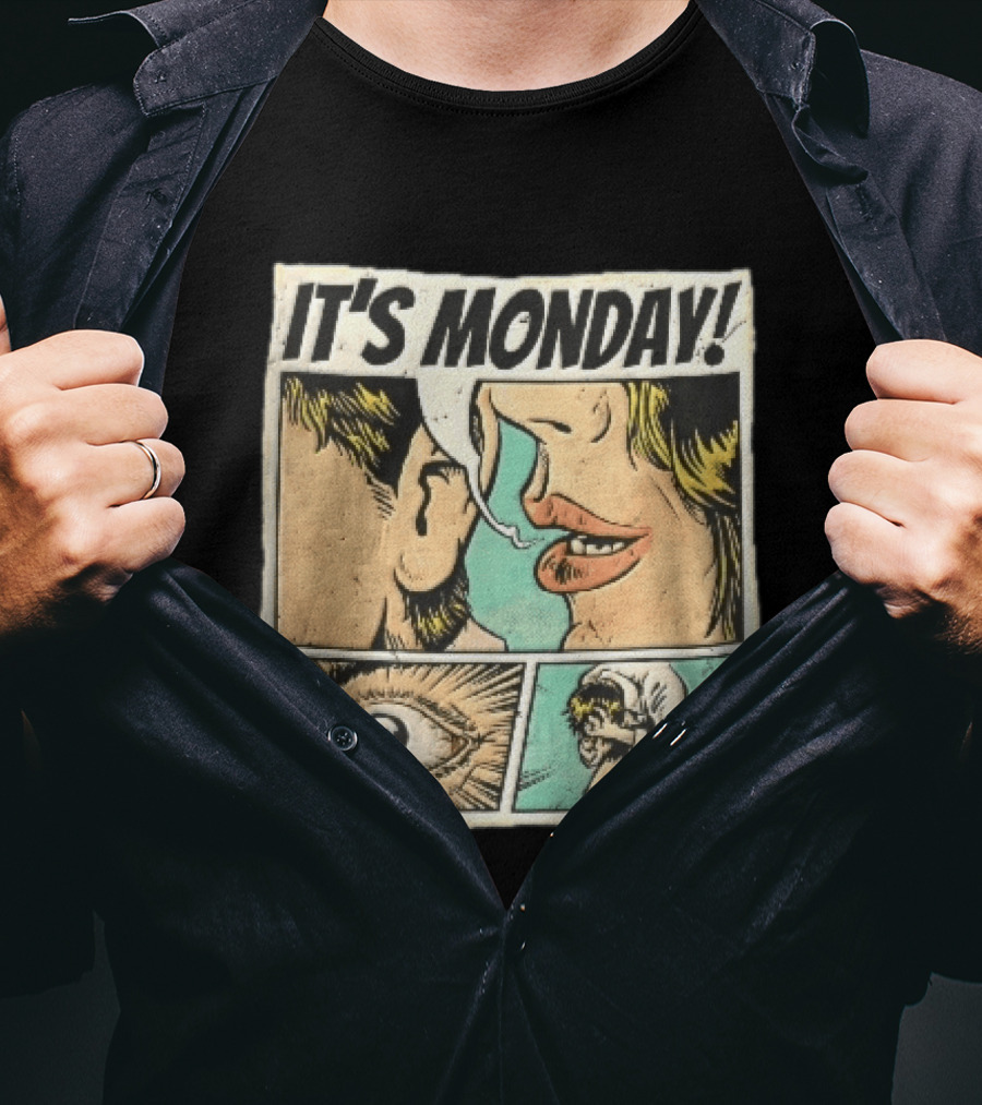 Its Monday Comic Strip Pop Art Woman Whispering Man Crying Vintage Halftone T-Shirt