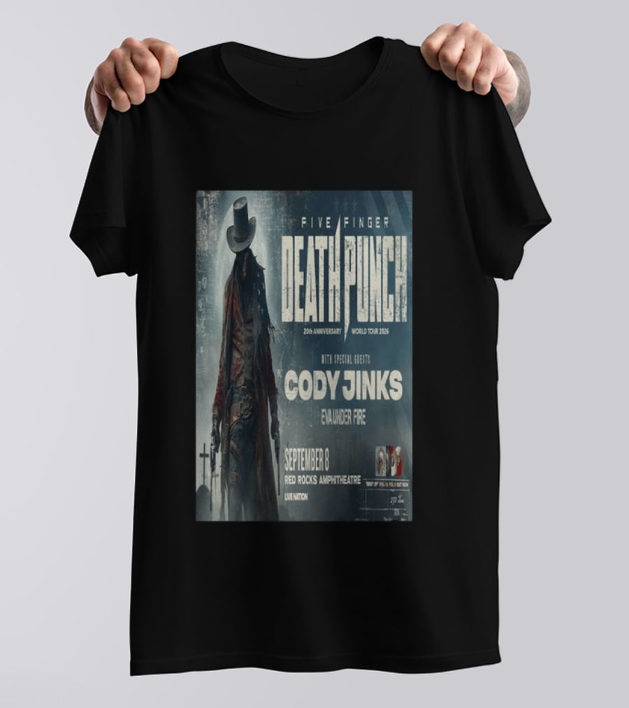 Five Finger Death Punch 20th Anniversary World Tour 2026 Red Rocks Amphitheatre September 8 Cody Jinks Eva Under Fire T-Shirt