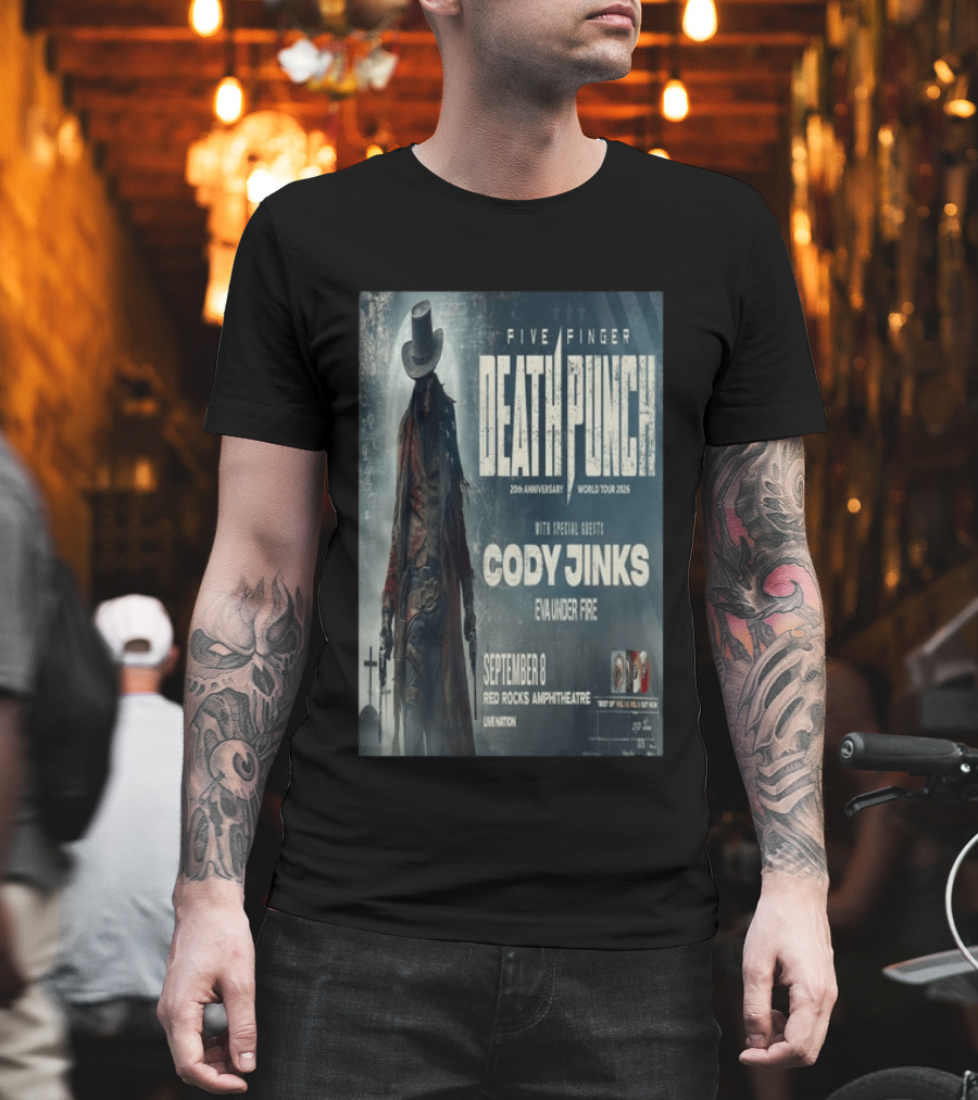 Five Finger Death Punch 20th Anniversary World Tour 2026 Red Rocks Amphitheatre September 8 Cody Jinks Eva Under Fire T-Shirt