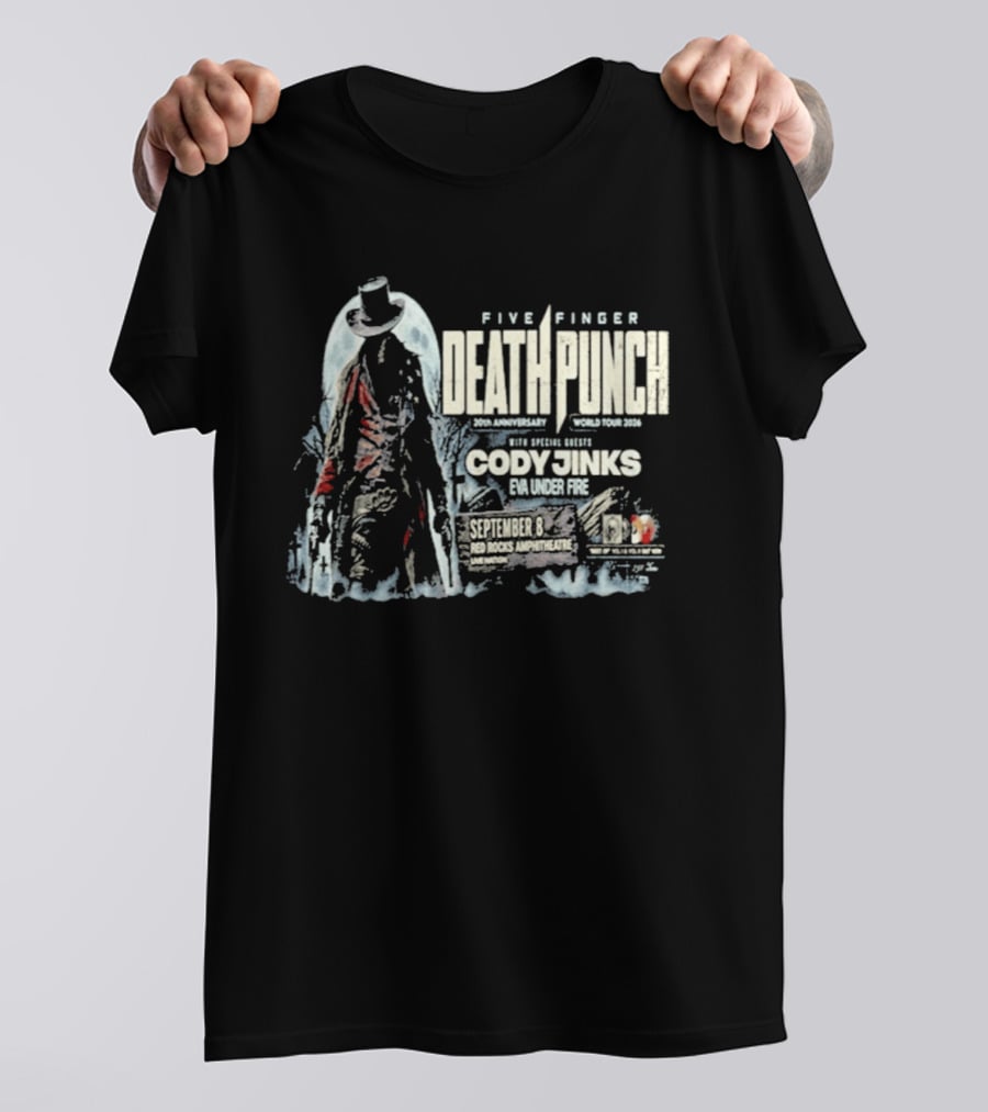 Five Finger Death Punch Red Rocks 20th Anniversary 2026 Cody Jinks Special Guest Denver CO T-Shirt