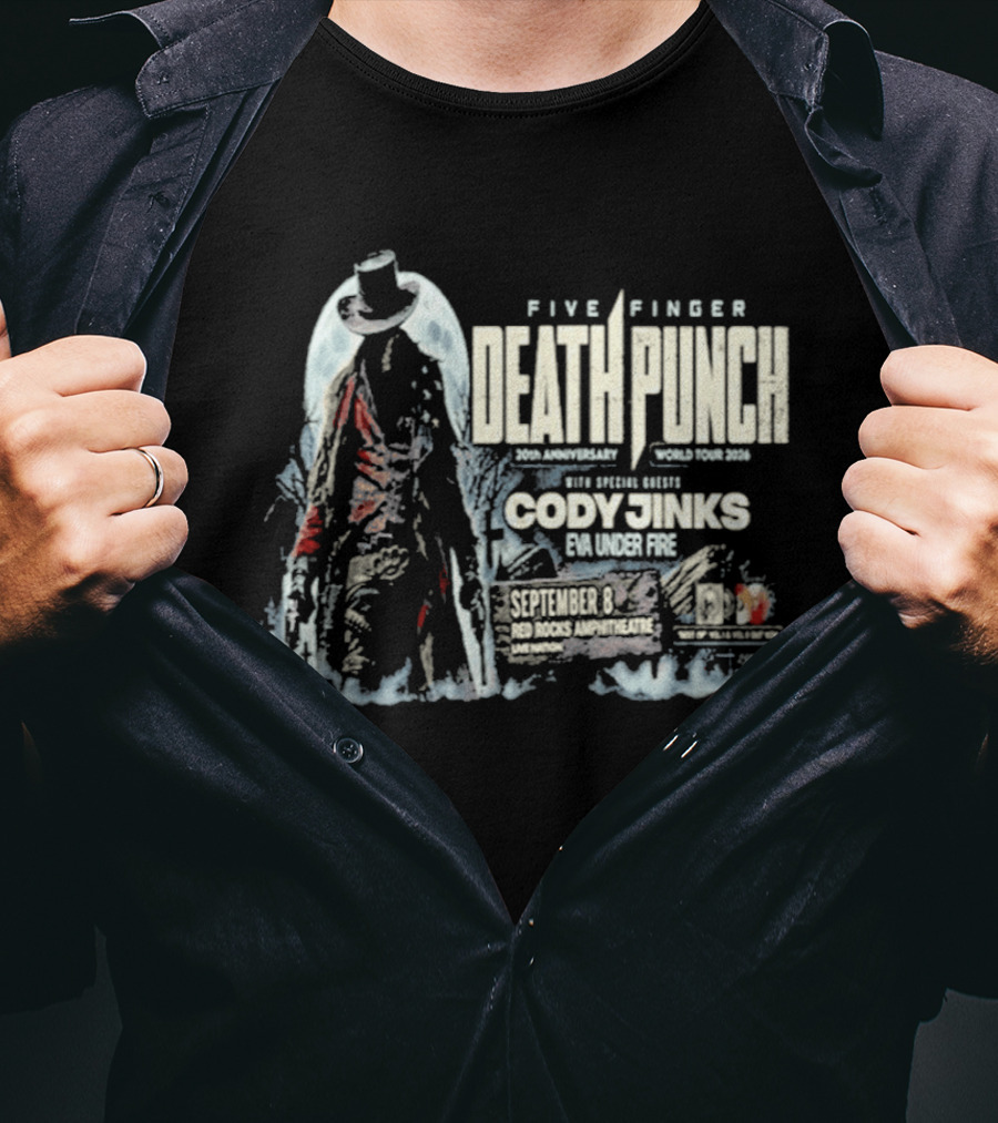 Five Finger Death Punch Red Rocks 20th Anniversary 2026 Cody Jinks Special Guest Denver CO T-Shirt