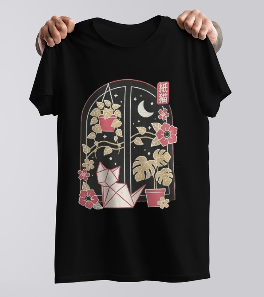 Kami Neko Origami Cat Crescent Moon Japanese Garden Scene T-Shirt