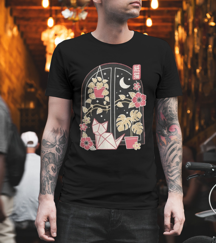 Kami Neko Origami Cat Crescent Moon Japanese Garden Scene T-Shirt
