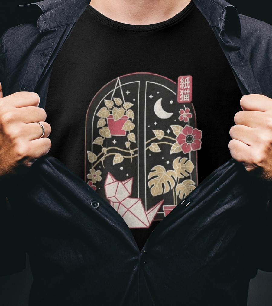 Kami Neko Origami Cat Crescent Moon Japanese Garden Scene T-Shirt
