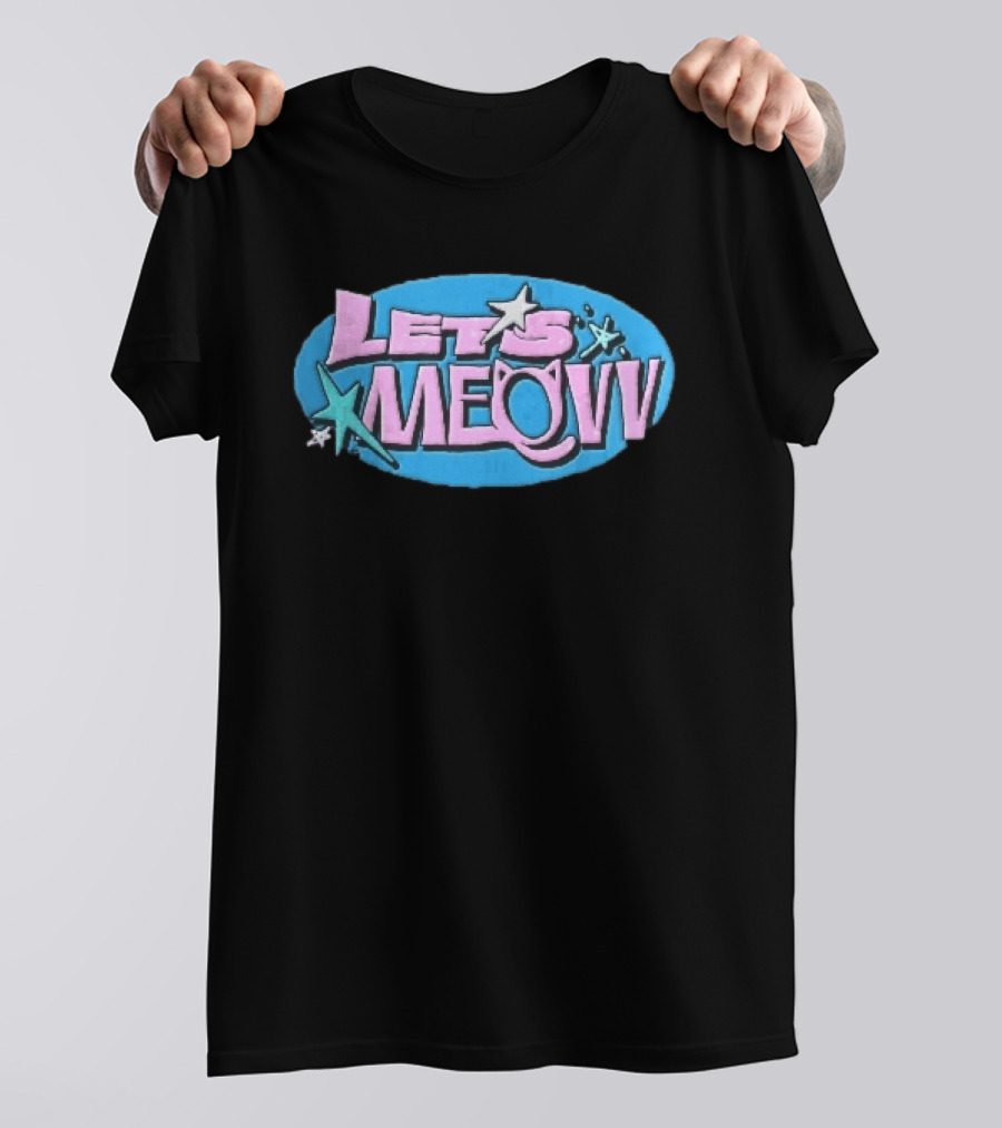 Lets Meovv Cat Ears Pink Distressed Glitter Stars Blue Oval T-Shirt