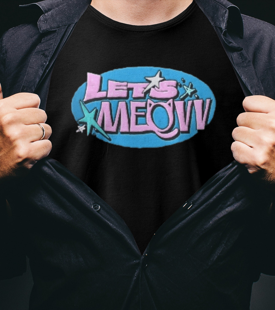 Lets Meovv Cat Ears Pink Distressed Glitter Stars Blue Oval T-Shirt