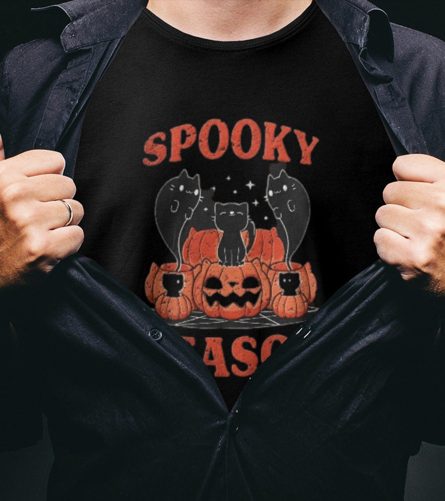 Spooky Season Black Cats Jack O Lantern Pentagram Cartoon T-Shirt