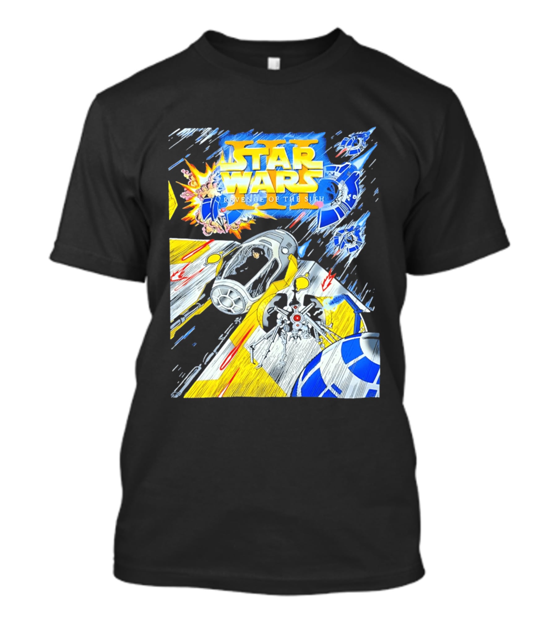 Star Wars Revenge Of The Sith Galactic Battle Artwork Featuring Anakin Skywalker And Iconic Droid Spaceships T-Shirt