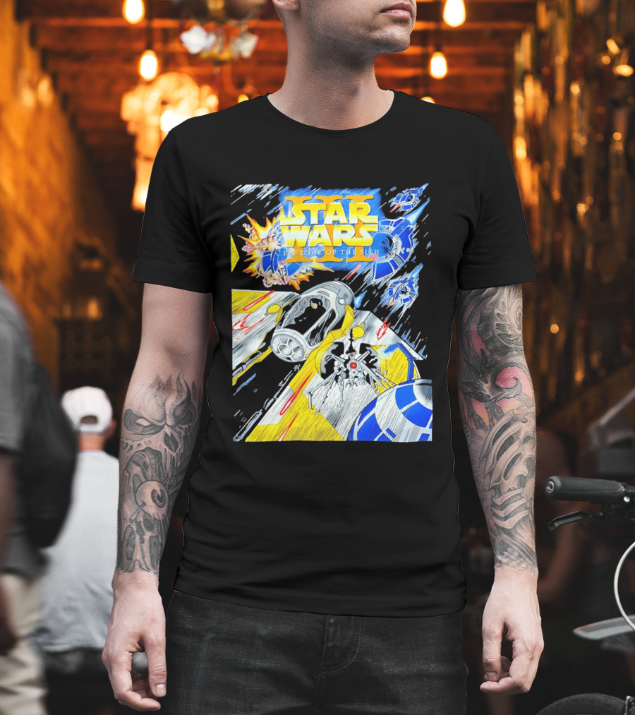 Star Wars Revenge Of The Sith Galactic Battle Artwork Featuring Anakin Skywalker And Iconic Droid Spaceships T-Shirt