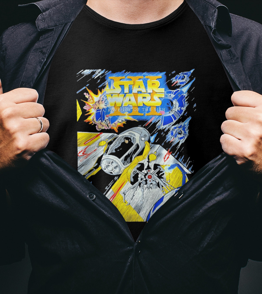 Star Wars Revenge Of The Sith Galactic Battle Artwork Featuring Anakin Skywalker And Iconic Droid Spaceships T-Shirt